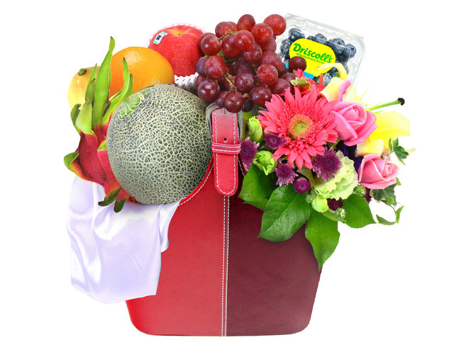 Fruit Basket - Tall Leather Fruit Hamper & Flowers - L10234 Photo